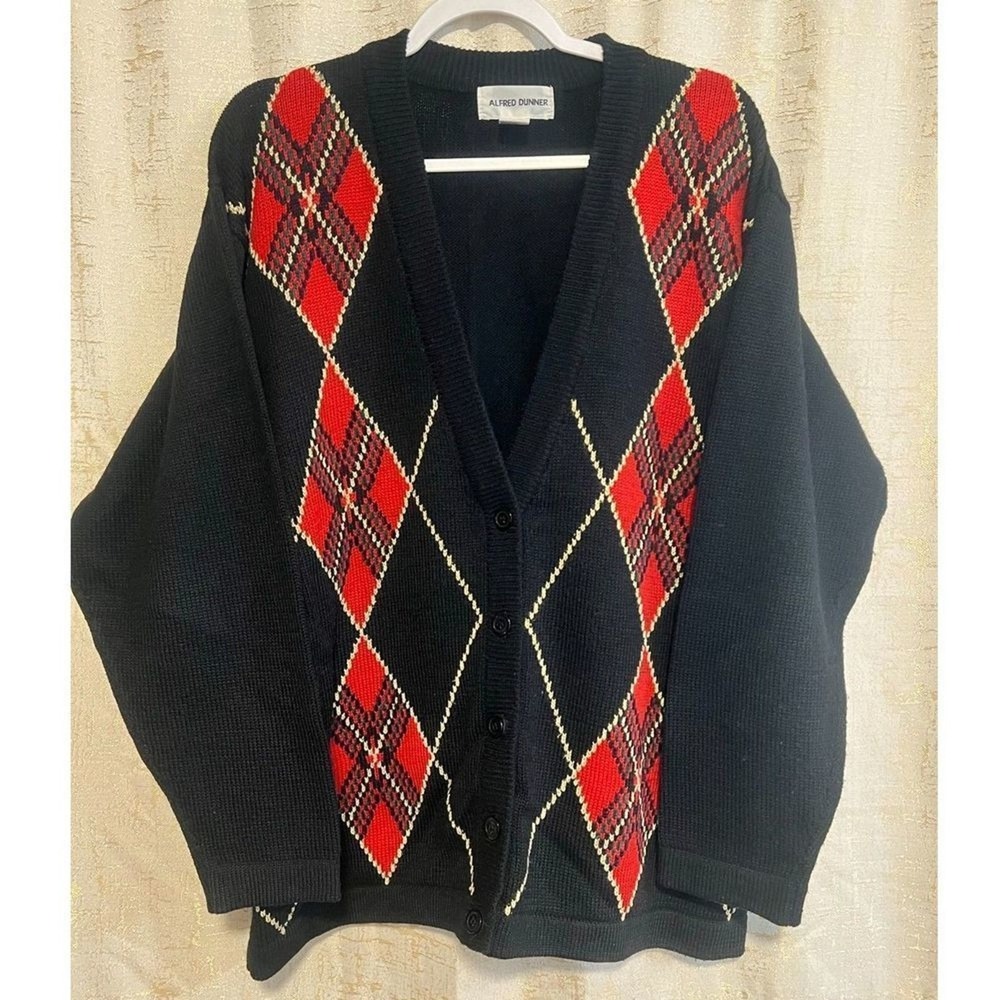 Alfred Dunner Cardigan Women L Black Argyle Knit Wool Blend Preppy Grandmacore